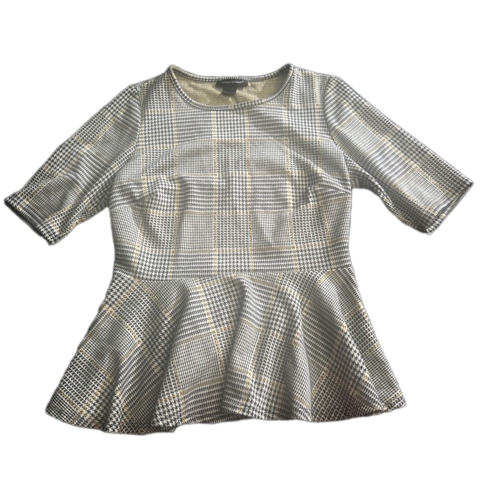 Ashley Stewart Peplum Shirt 10/12 Houndstooth Glen Plaid Short Sleeve